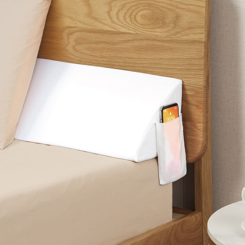 Vekkia Full Bed Wedge Pillow for Headboard â€“ High-Density Foam Fills Gaps (0-5.5") Between Mattress and Headboard, Wedge Pillow with Pockets for Phone & Remotes, Washable Cover â€“ (White) - Image 1